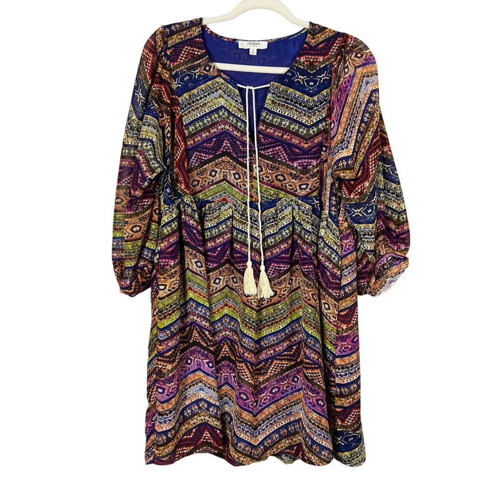 Umgee USA Multi Color Geometric Chevron Tribal Boho Tassel Shift Dress Medium